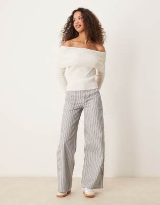 Shop Asos Design Linen Blend Knit Bardot Top In White