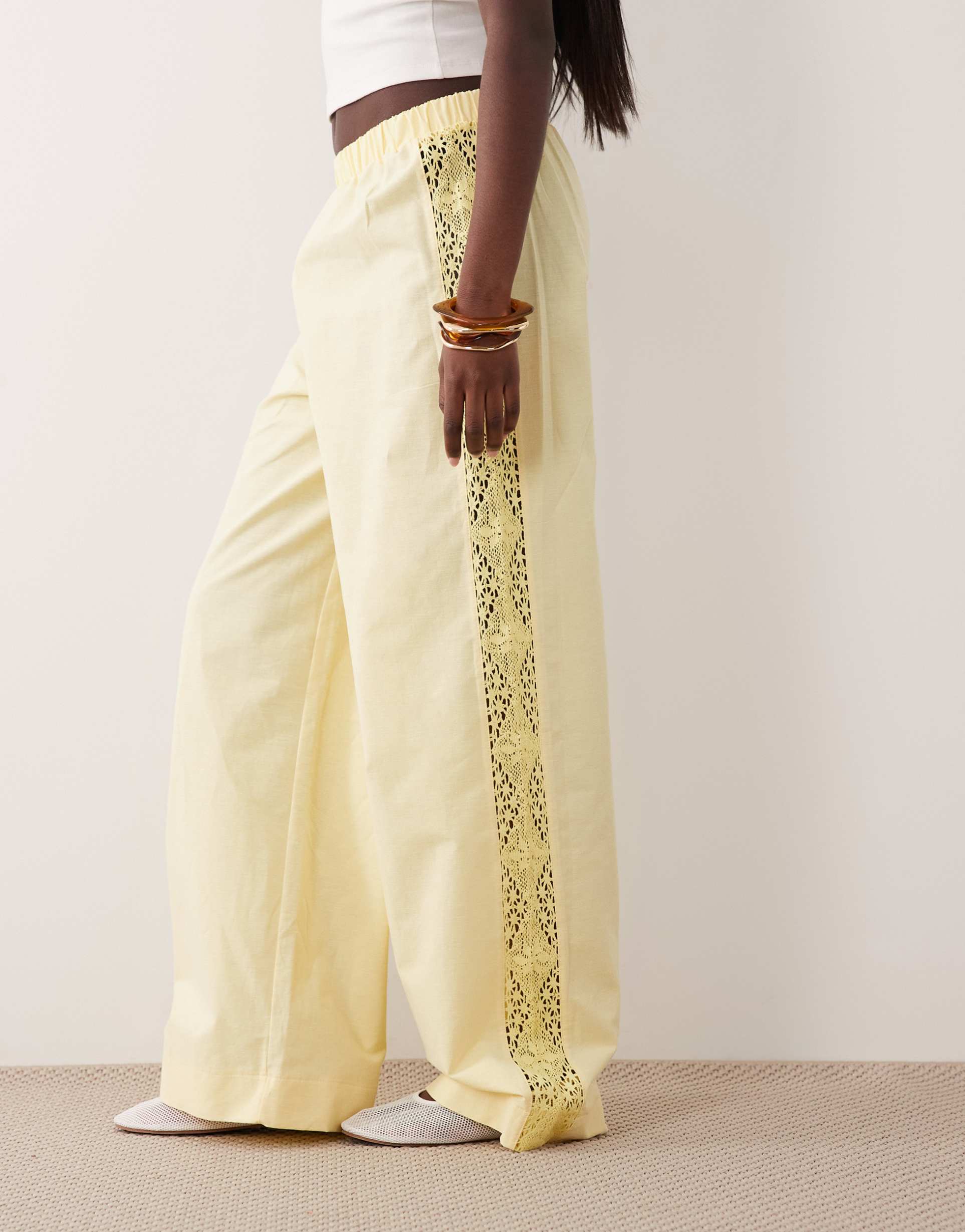 asos design linen blend lace side pants in yellow