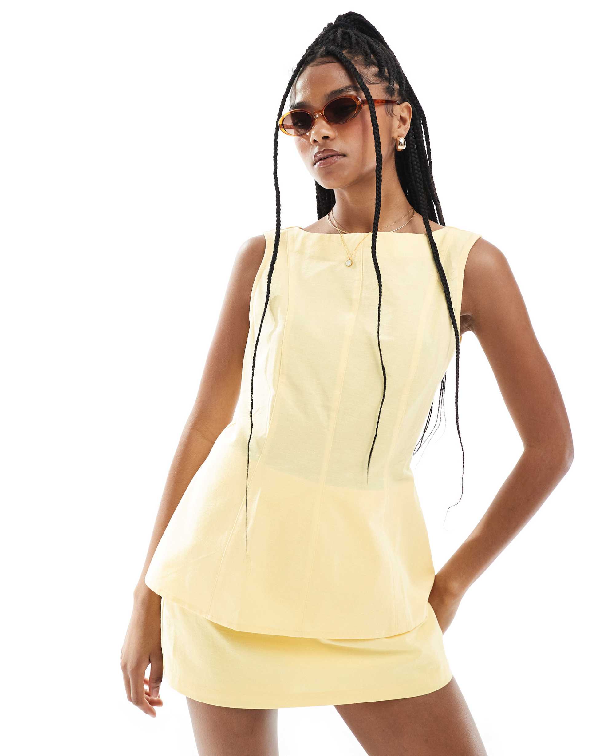 asos design linen blend longline fitted top in buttermilk - part of a set