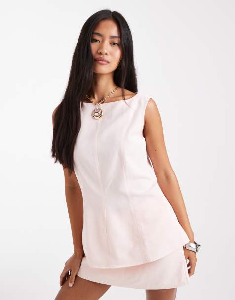 ASOS DESIGN linen blend longline top in co ord in pink - view 1