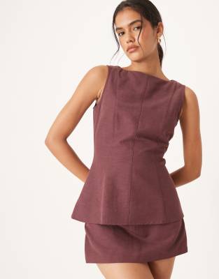 ASOS DESIGN linen blend longline top in plum - part of a set-Brown