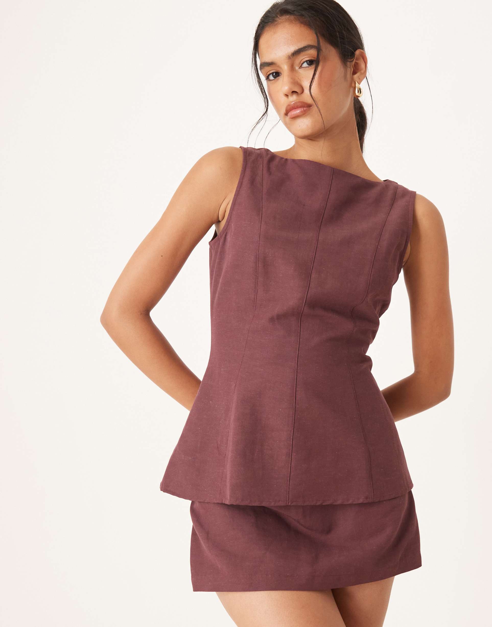 asos design linen blend longline top in plum - part of a set