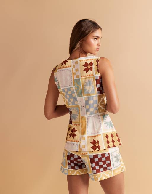 ASOS DESIGN linen blend longline top in tile print - part of a set