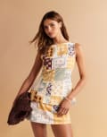 [ASOS DESIGN] ASOS DESIGN linen blend longline top in tile print (part of a set)-Multi 16 Tile Print