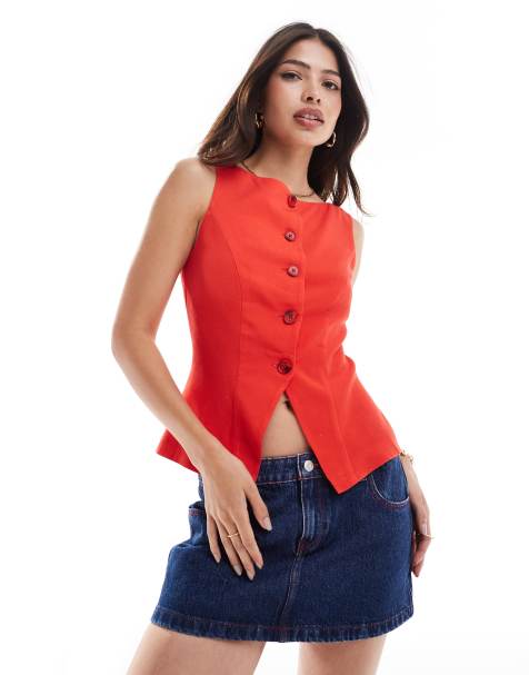 ASOS DESIGN linen blend longline waistcoat in red - view 1