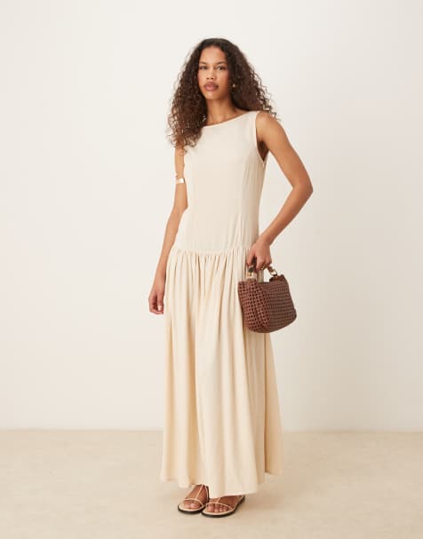 ASOS DESIGN linen blend low back drop waist maxi dress in beige - view 1