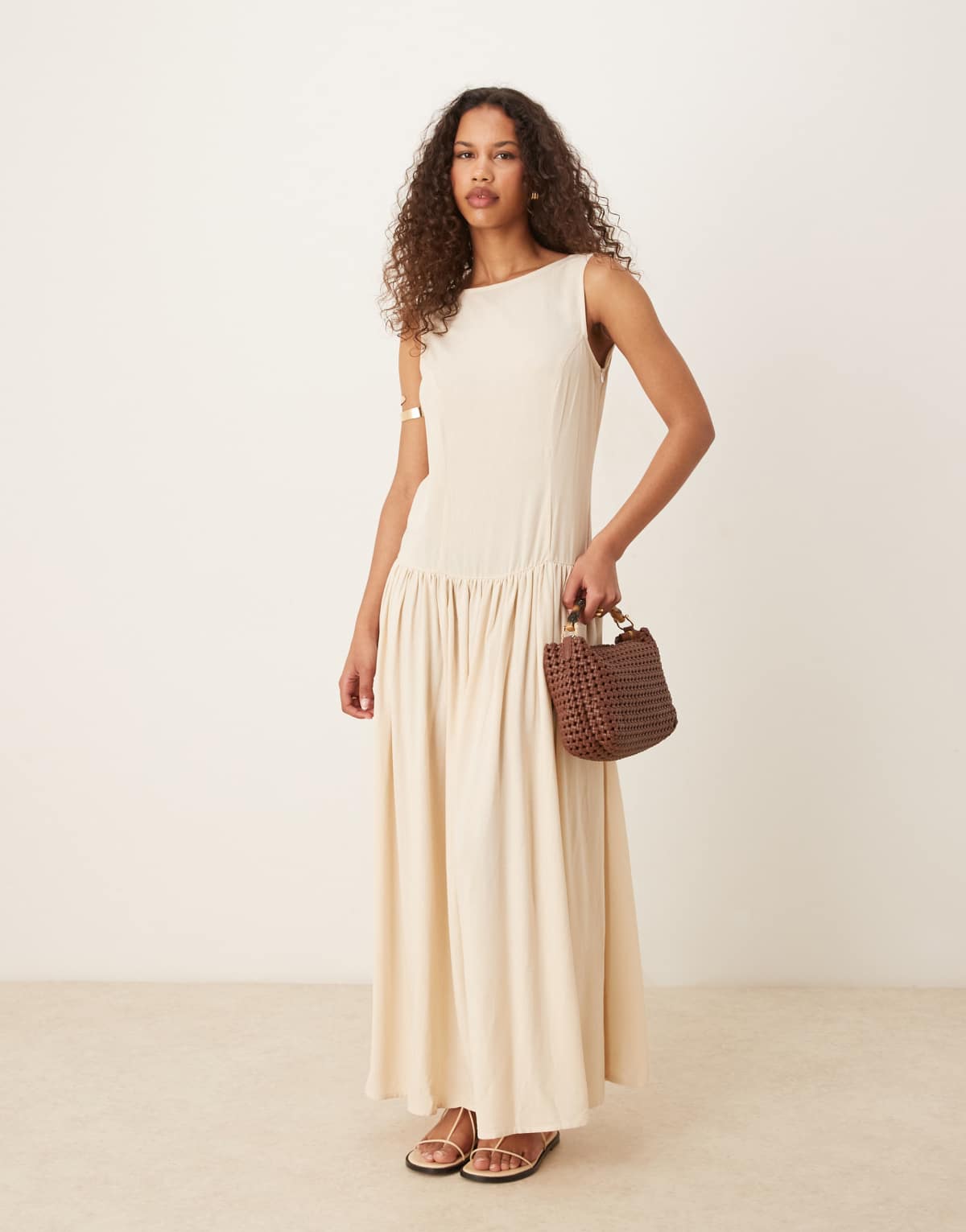 ASOS DESIGN linen blend low back drop waist maxi dress in beige