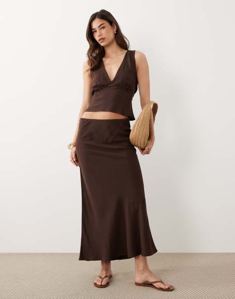 ASOS DESIGN linen blend low rise maxi skirt in chocolate co ord - view 1