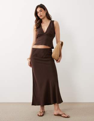 Asos Design Linen Blend Low Rise Maxi Skirt In Brown