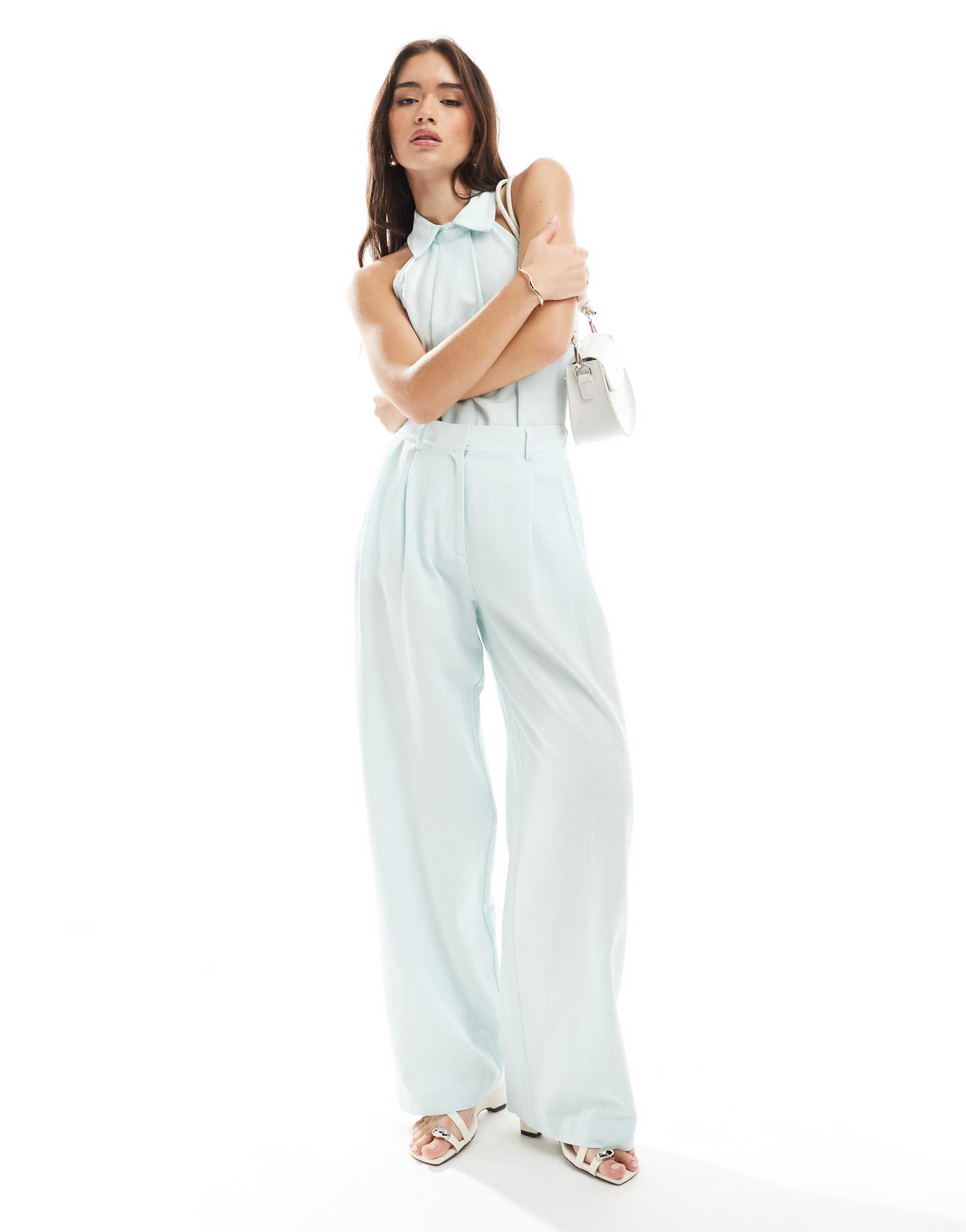 asos design linen blend low rise pants in blue - part of a set