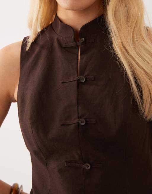 ASOS DESIGN linen blend mandarin collar mini dress in chocolate, 3 of 4