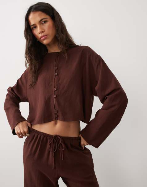 ASOS DESIGN linen blend mandarin style blouse co ord in brown - view 1