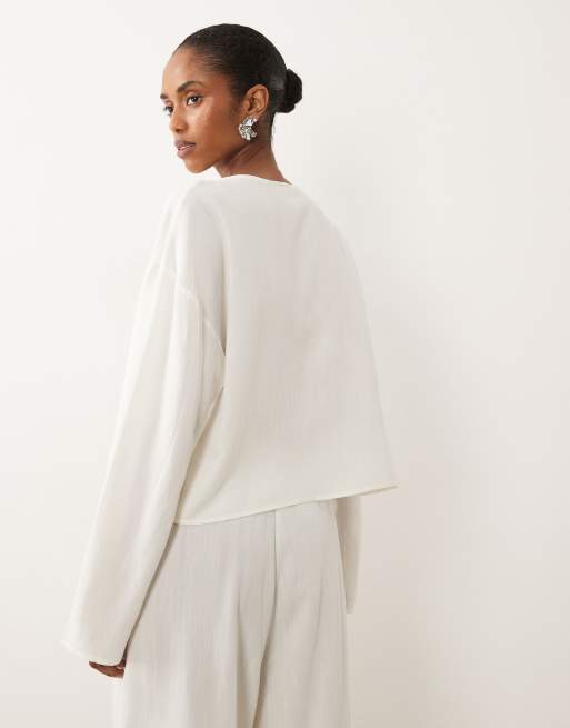 ASOS DESIGN linen blend mandarin style blouse set in ecru, 4 of 4