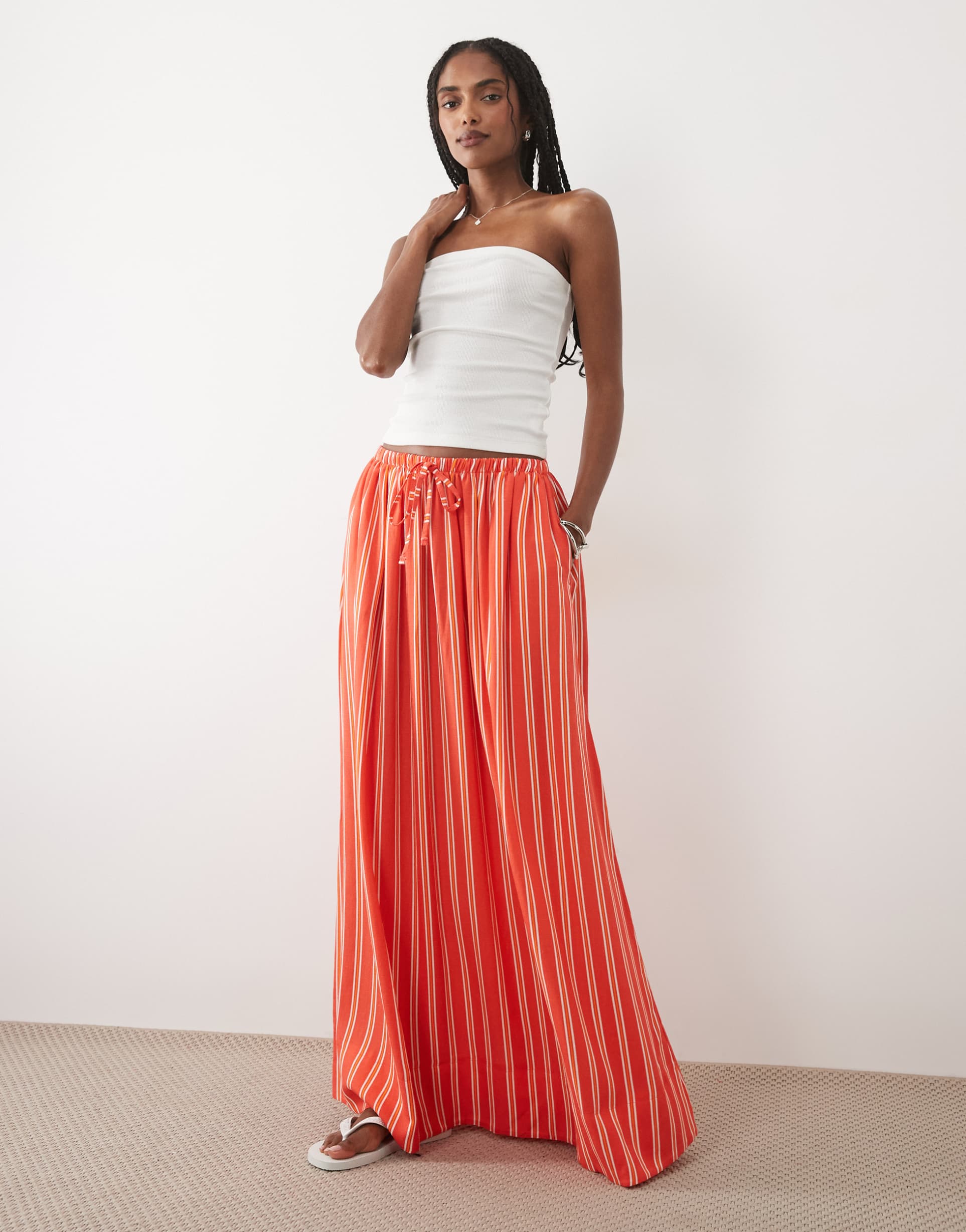 asos design linen blend maxi circle skirt in red striped print