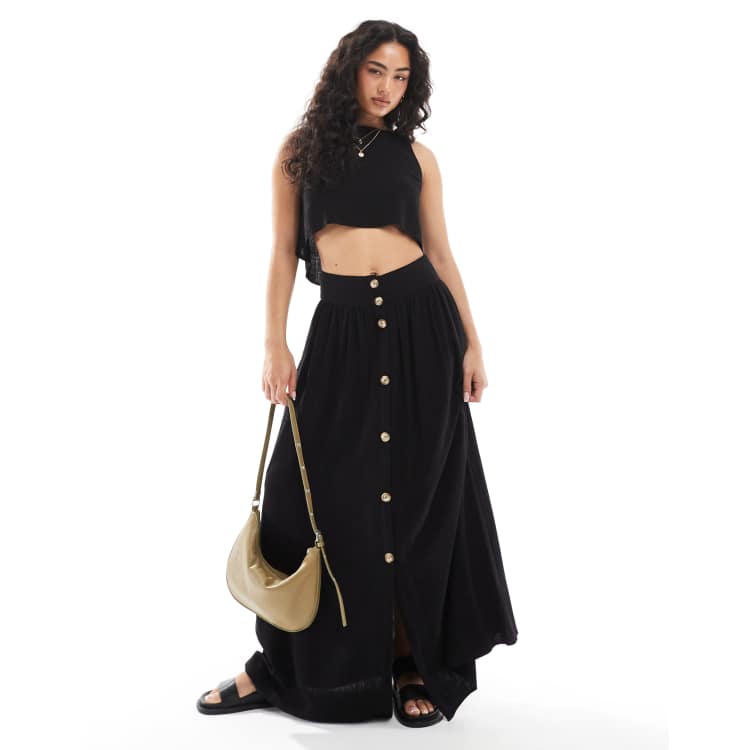 ASOS DESIGN linen blend maxi skirt with button front detail in