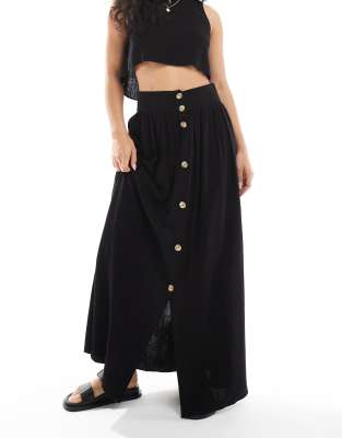 Asos Design Linen Blend Maxi Skirt With Button Front Detail In Black