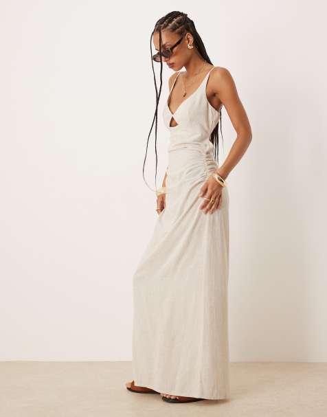 ASOS DESIGN linen-blend maxi sundress with bralet cut-out in oat - view 1