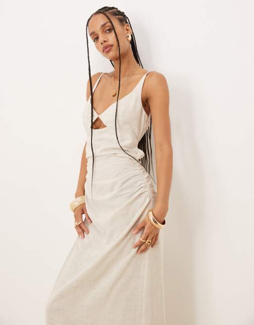 ASOS DESIGN linen-blend maxi sundress with bralet cut-out in oat , 2 of 4