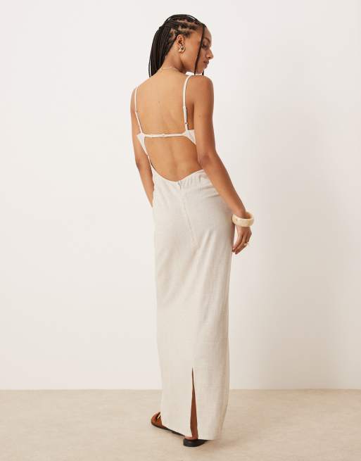 ASOS DESIGN linen-blend maxi sundress with bralet cut-out in oat , 4 of 4