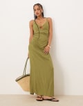 [ASOS DESIGN] ASOS DESIGN linen-blend maxi sundress with bralet cut-out in olive-Green 16 Olive