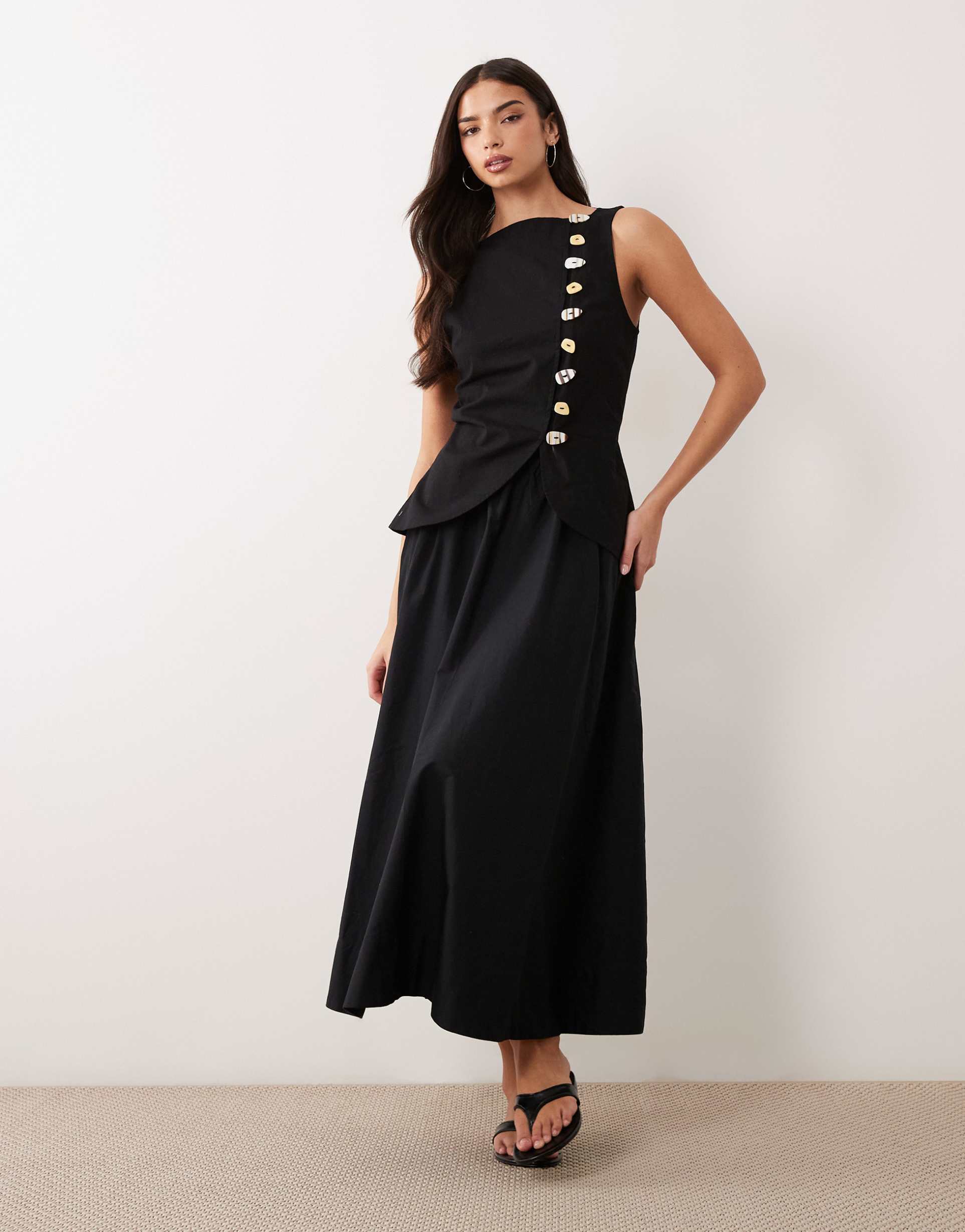 asos design linen blend maxi vest dress with poplin skirt in black