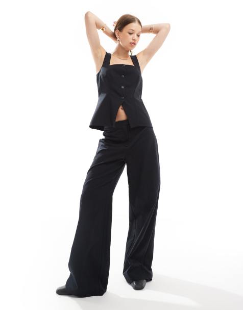 ASOS DESIGN linen blend mid rise wide leg pants in black - part of a set - view 1
