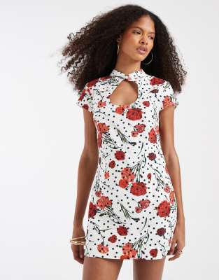 Asos Design Linen Blend Mini Dress With Keyhole Cut Out In White
