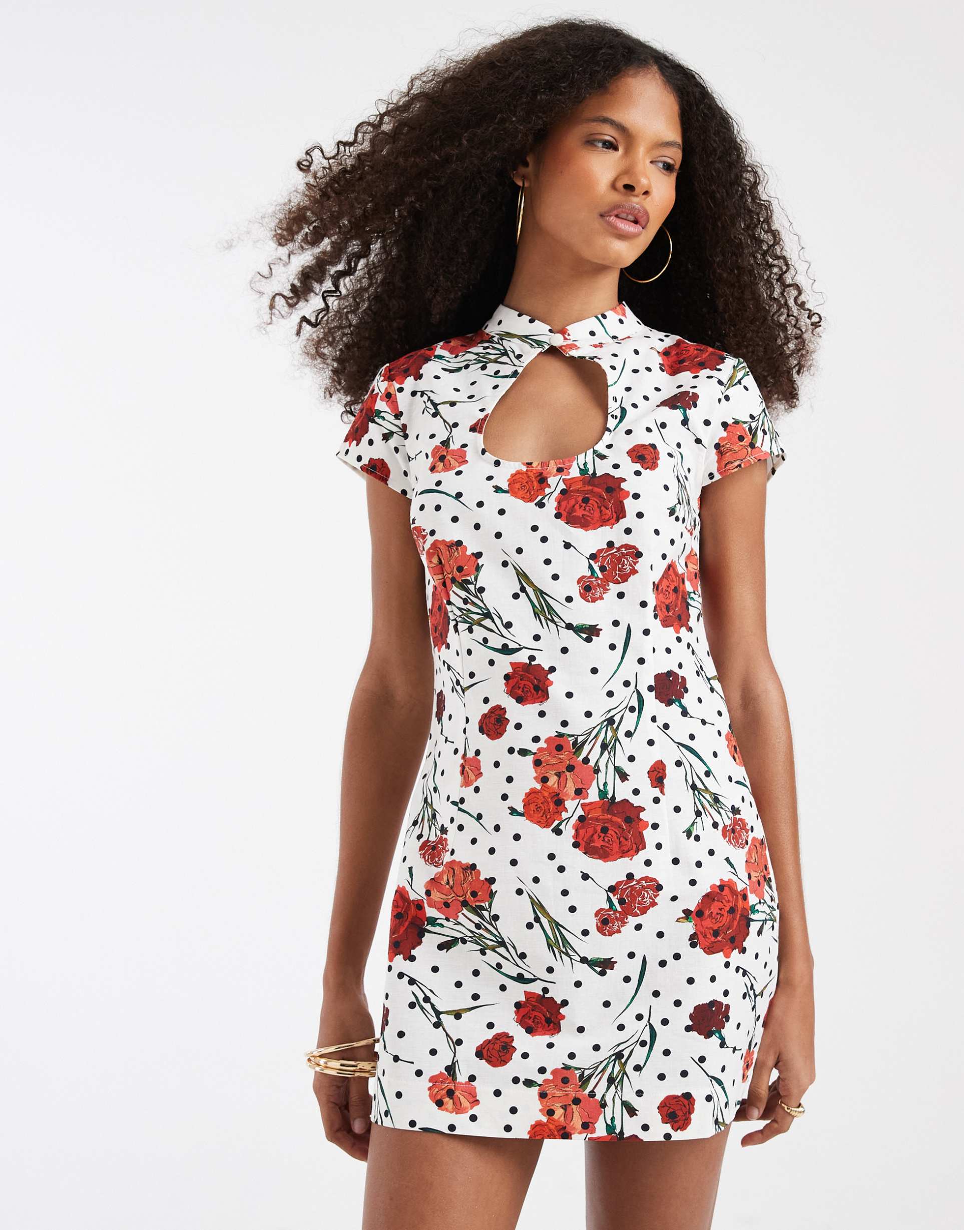 asos design linen blend mini dress with keyhole cut out in floral polka dot
