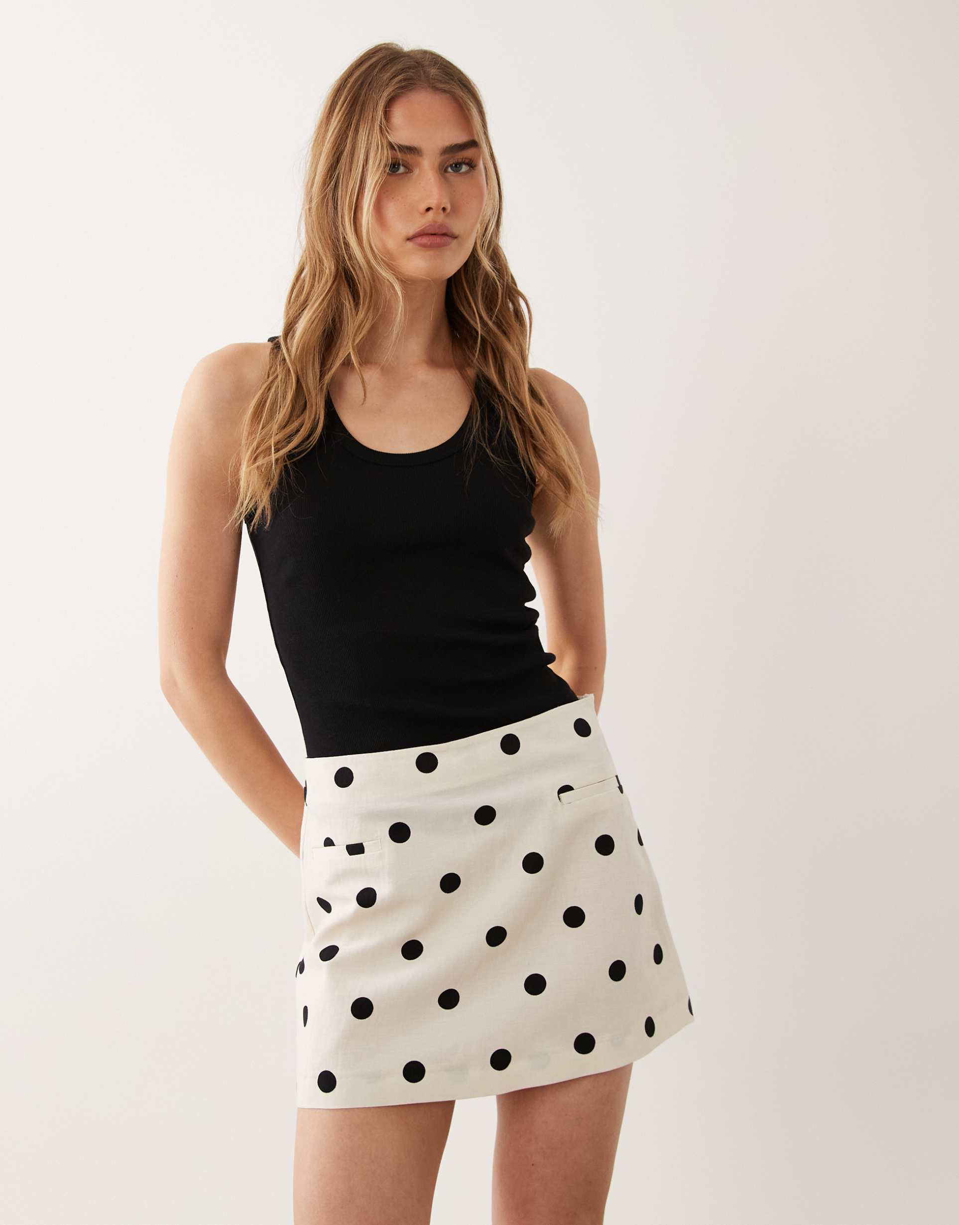 asos design linen blend mini skirt in white polka dot print