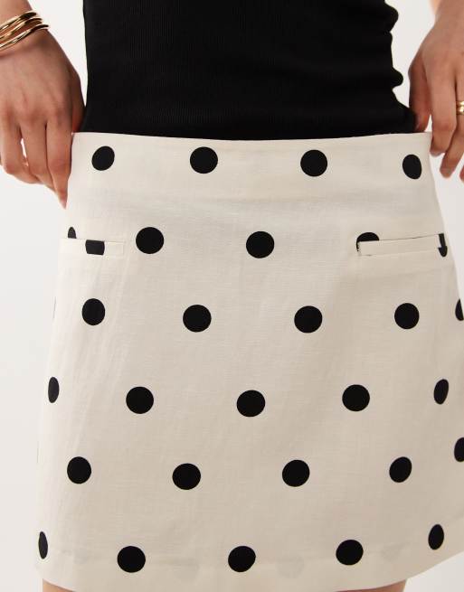 ASOS DESIGN linen blend mini skirt in white polka dot, 3 of 5