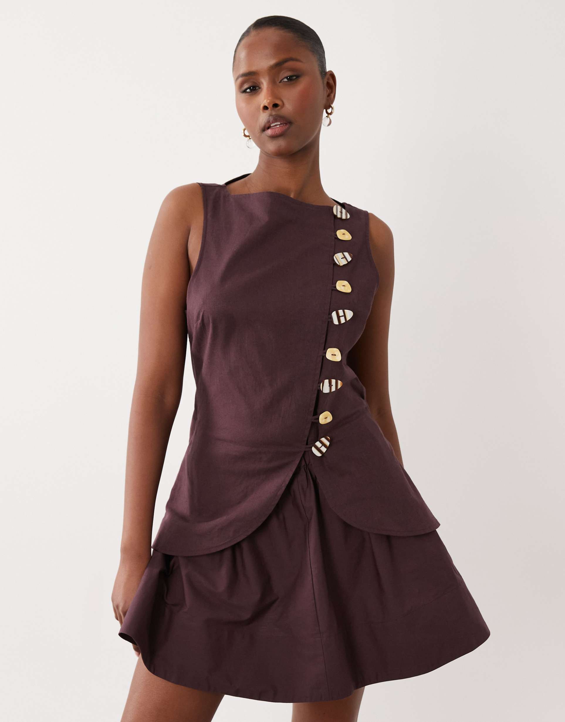asos design linen blend mini vest dress with poplin skirt in chocolate