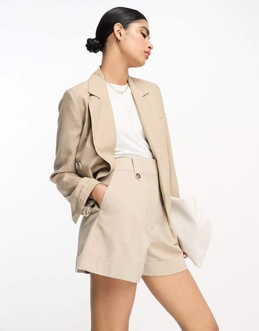 ASOS DESIGN linen blend mom shorts with waist tabs in neutral