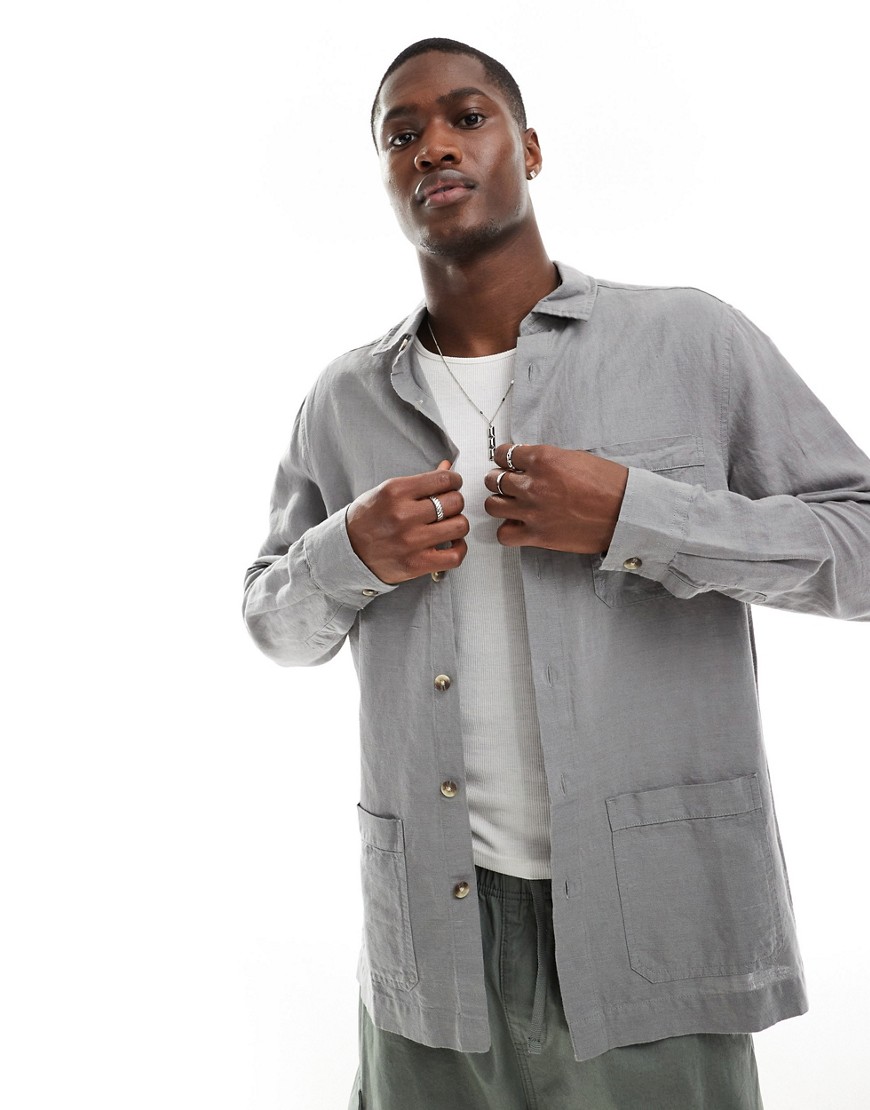 Asos Design Linen Blend Overshirt In Gray