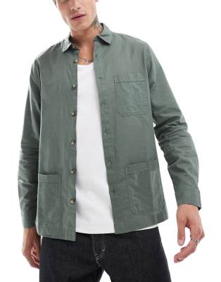 ASOS DESIGN linen blend overshirt in khaki-Green