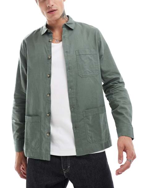 ASOS DESIGN linen blend overshirt in khaki - view 1