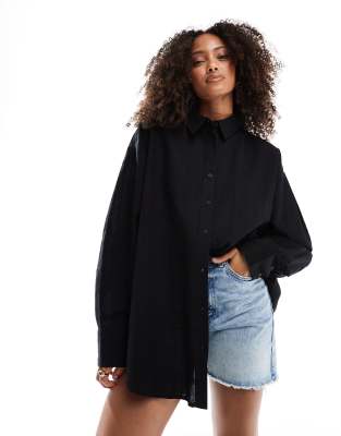 Asos Design Linen Blend Oversized Shirt In Black
