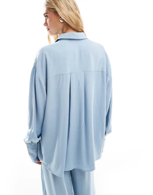 ASOS DESIGN linen blend oversized shirt in blue, 4 of 4