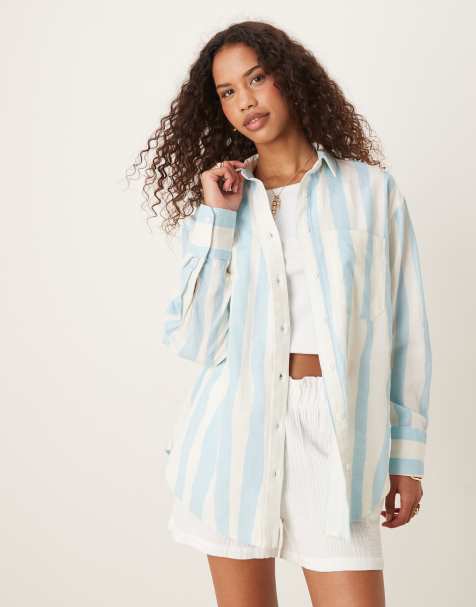 ASOS DESIGN linen blend oversized shirt in blurred stripe - view 1
