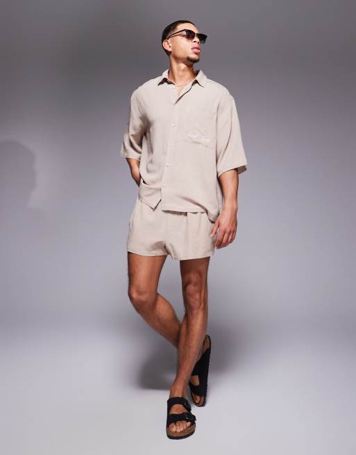 ASOS DESIGN linen blend oversized shirt with chest embroidery in brown - part of a set , 2 of 4