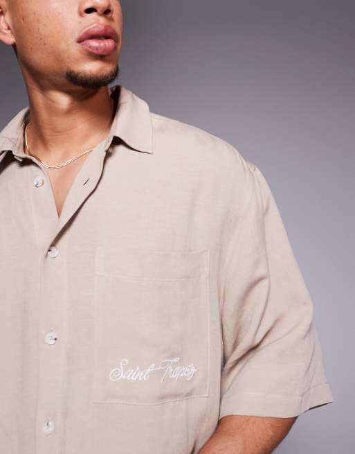 ASOS DESIGN linen blend oversized shirt with chest embroidery in brown - part of a set , 3 of 4