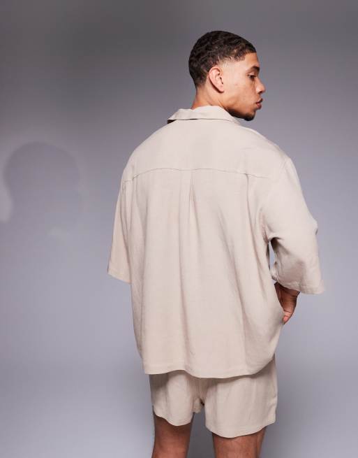ASOS DESIGN linen blend oversized shirt with chest embroidery in brown (part of a set) 