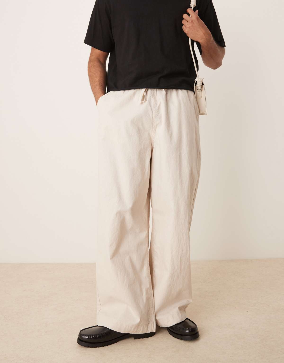 ASOS DESIGN linen blend parachute trousers in stone