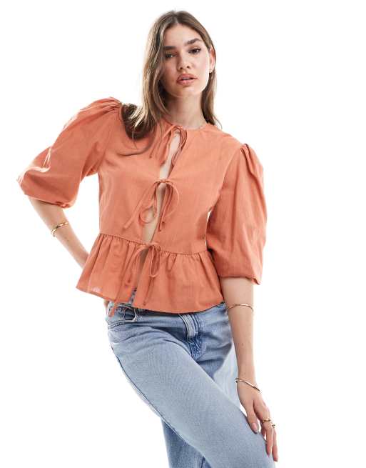 ASOS DESIGN linen blend peplum tie front blouse in rust