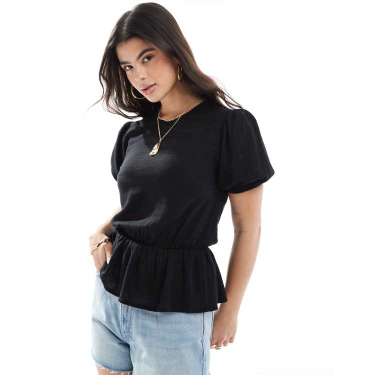 売れ筋商品|||セセ カットソー トップス レディース Women's Printed Contrast-Collar Puff-Sleeve Top Rich Black HAEOF Women's Striped Puff Short Sleeve Business Casual Tops