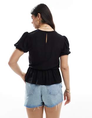Asos Design Linen Blend Peplum Top With Puff Sleeve In Black