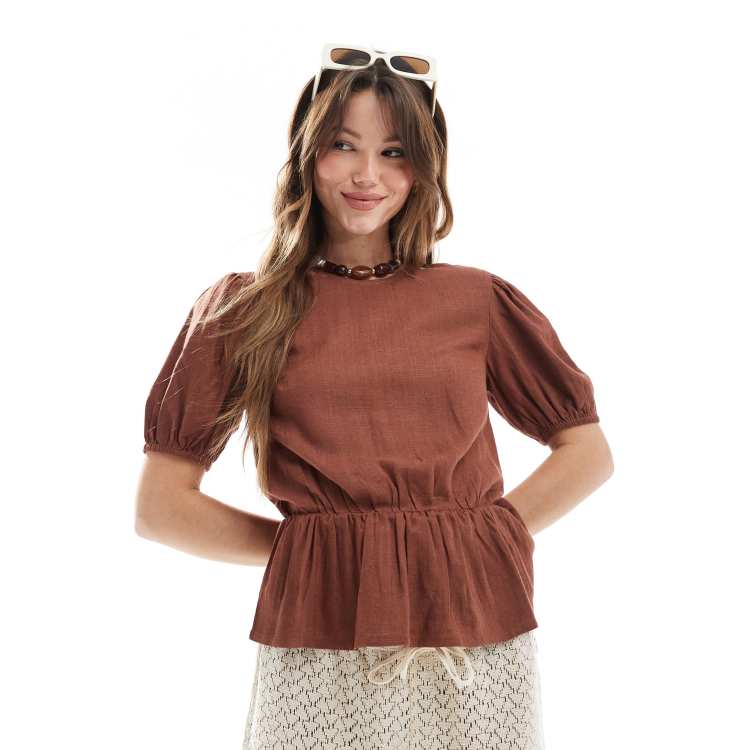 トップス Acka. peplum loose sweat brown ASOS DESIGN linen blend peplum top with puff sleeve in brown