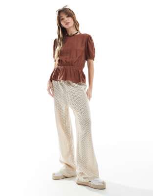Asos Design Linen Blend Peplum Top With Puff Sleeve In Brown