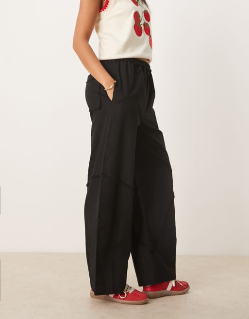 ASOS DESIGN linen blend pull on barrel leg pants with raw seam details in black