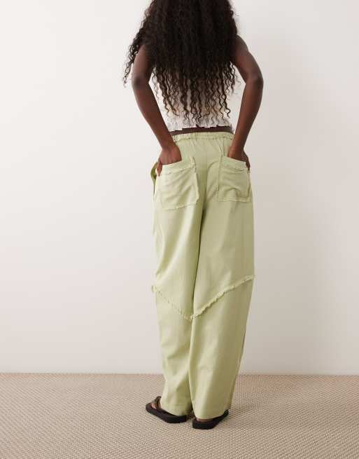 ASOS DESIGN linen blend pull on barrel leg pants with raw seam detailing in sage, 5 of 5