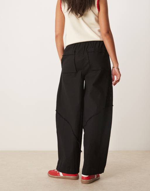 ASOS DESIGN linen blend pull on barrel leg trousers with raw seam detail in black, 4 of 5